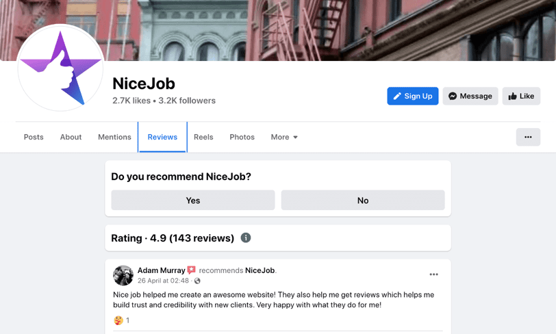 Screenshot of NiceJob's Facebook page reviews tab.