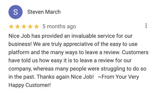 A five-star Google review from a NiceJob user about the great service they received.