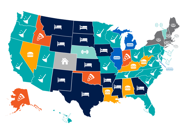 United States map of the showing the most popular franchise industries by State.