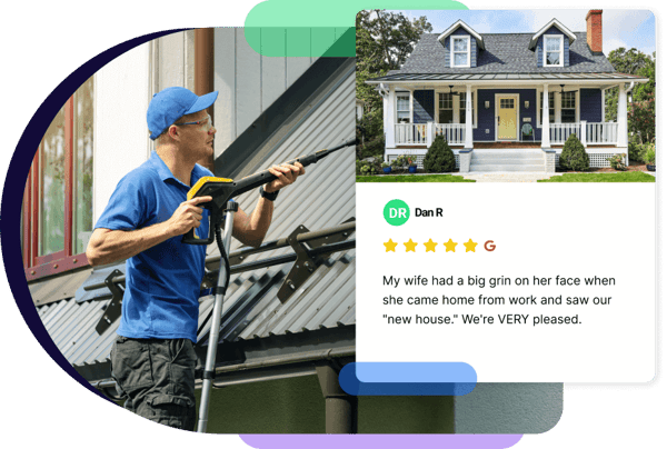 Home service professional pressure washing and house and receiving a five-star Google review for their great work.