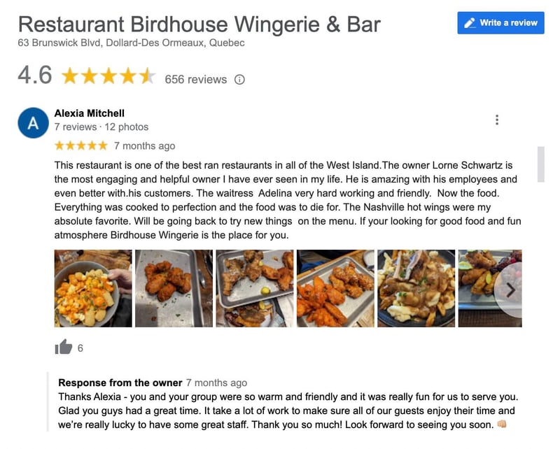 Example of a review and response from the owner of Birdhouse Wingerie and Bar restaurant.