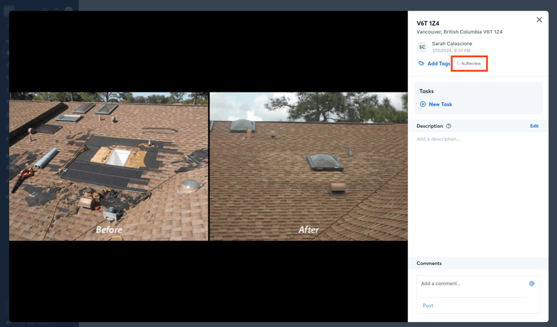 Before and after picture of a roofing job in CompanyCam and using the NiceJob review tag.