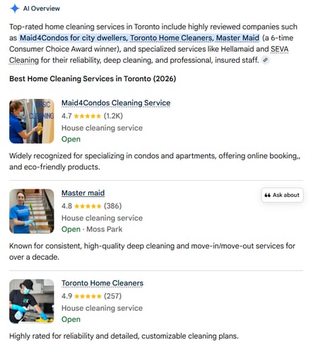 ai overview screenshot of toronto home cleaning results