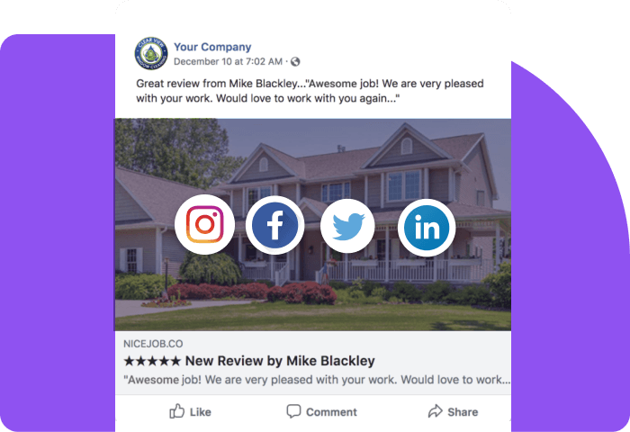 An screenshot of NiceJob's Social Sharing feature with a Facebook review example.