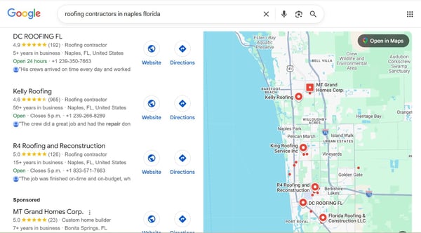 google maps roofing search results