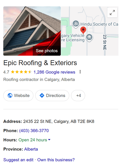 google business profile of epic roofing
