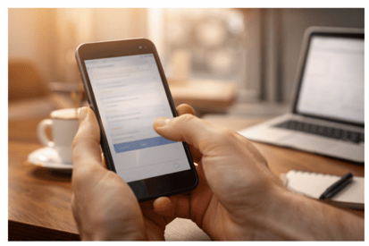Review on a smartphone in a cafe
