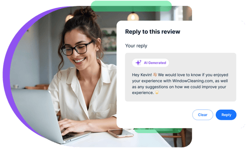 ai reply to review and woman smiling at laptop