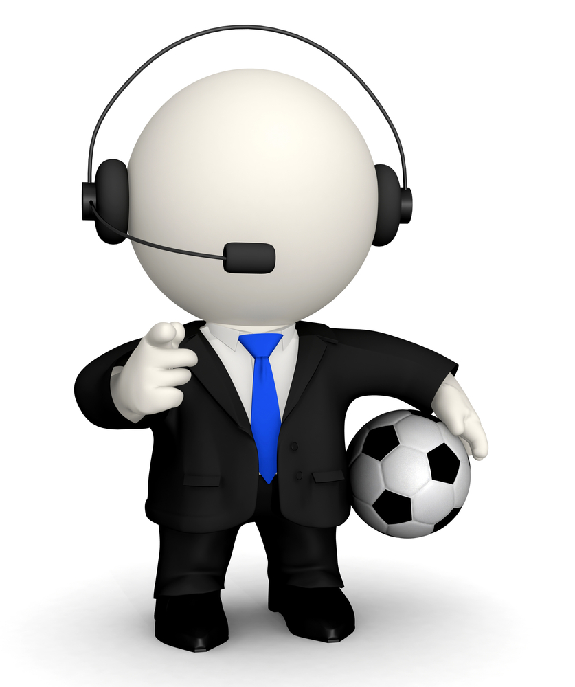 3D Football commentator in a suit with headset ? isolated