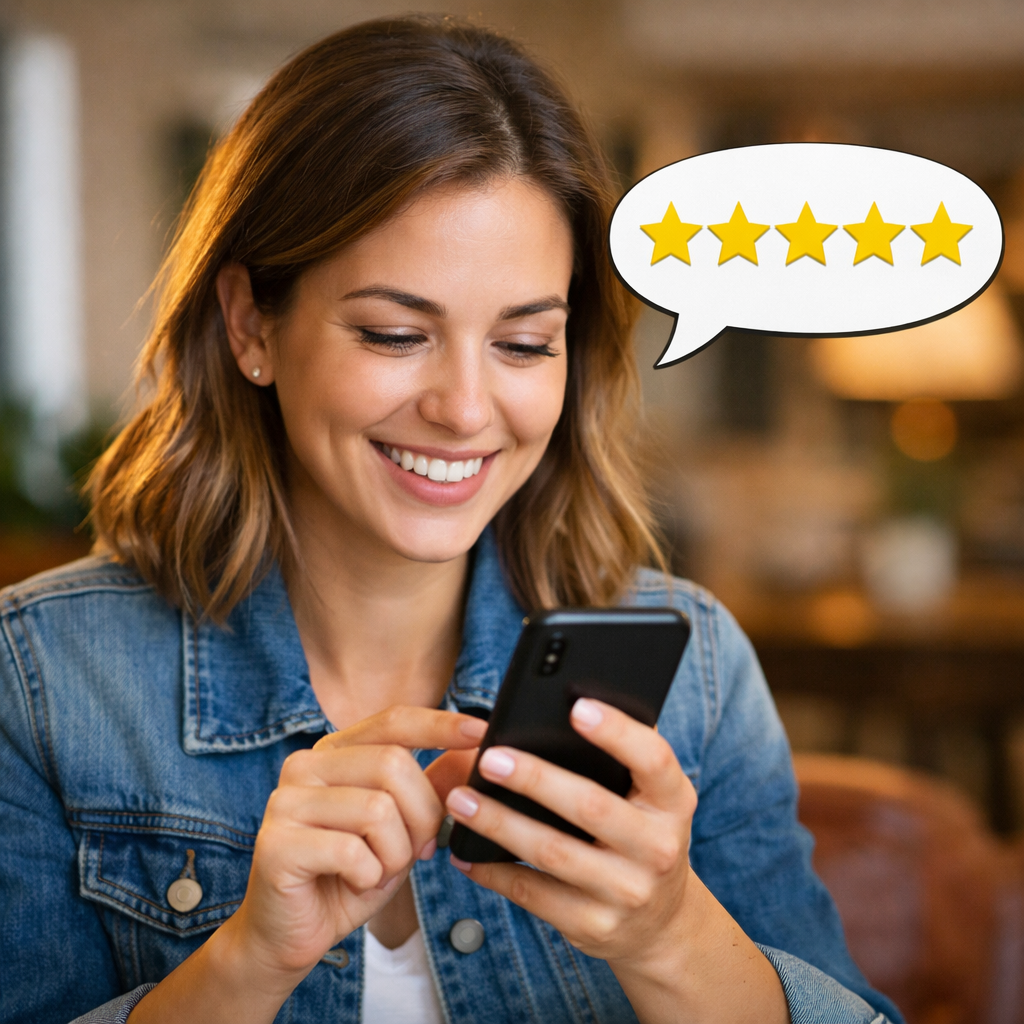 5 Star Review with Speech Bubble and Stars