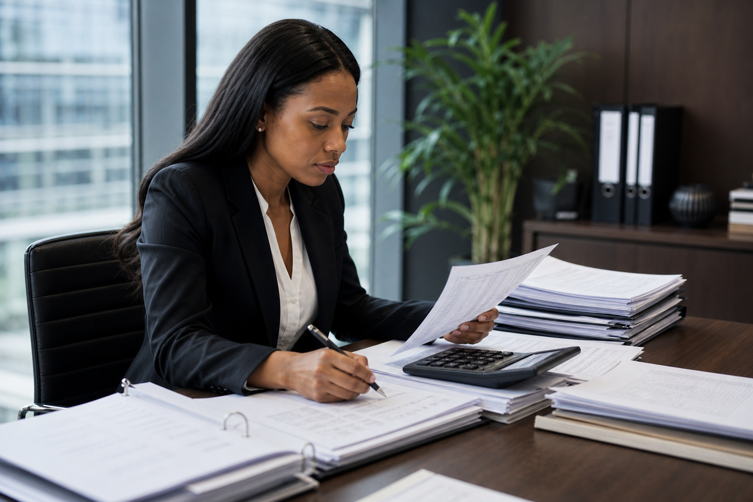 Accountant working in office looking over documents