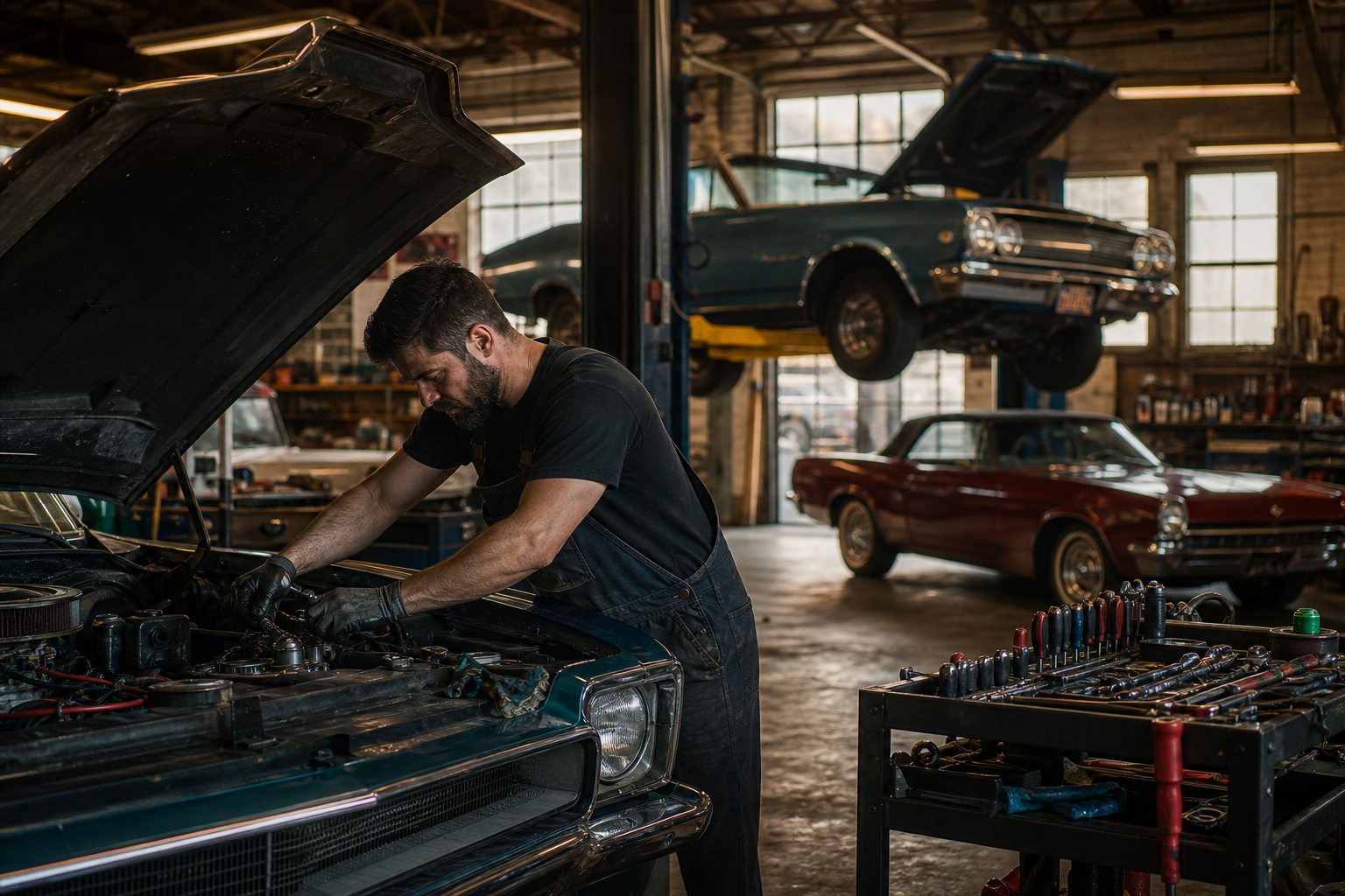 Auto Repair Shop with Bright Lights and Tools