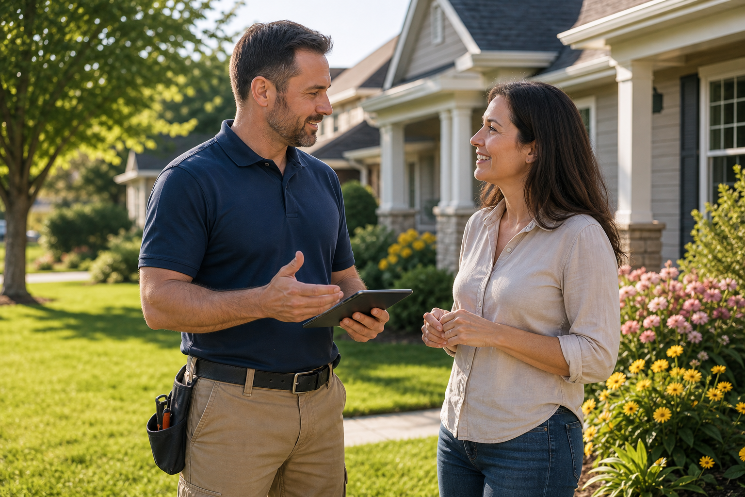 Home Services Owner Converses with Woman at Front Door