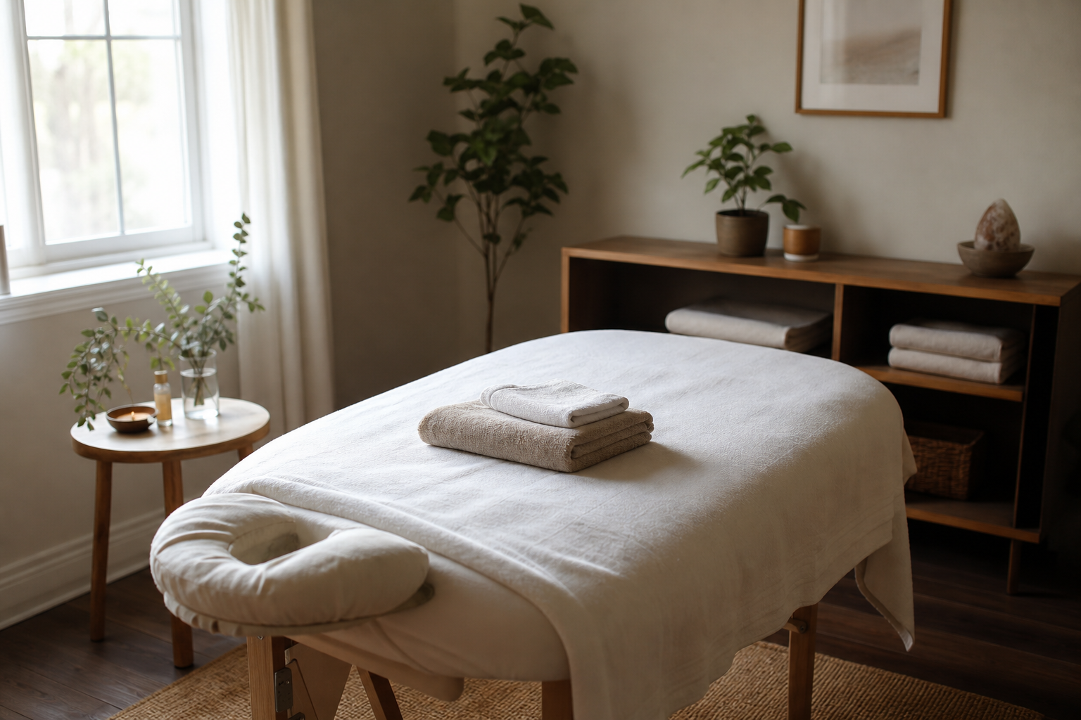 Massage Therapy Room with Massage Bed and Natural Lighting