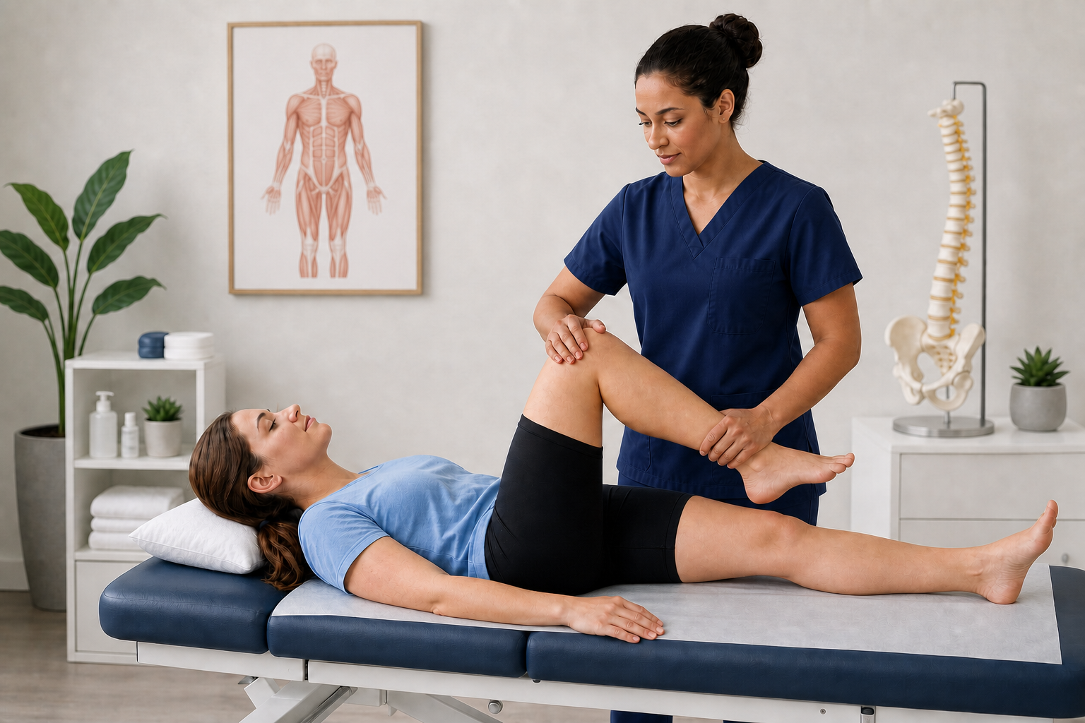 Chiropractor working with a client on her knee mobility in a clinic