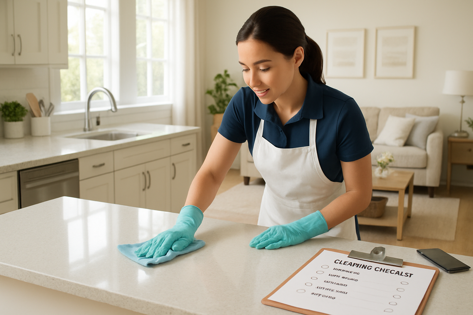 The image depicts a bright wellorganized home interior that exudes cleanliness and tranquility Sunlight streams through large windows illuminating a sparkling kitchen with polished countertops and neatly arranged utensils In the foreground a professi-1