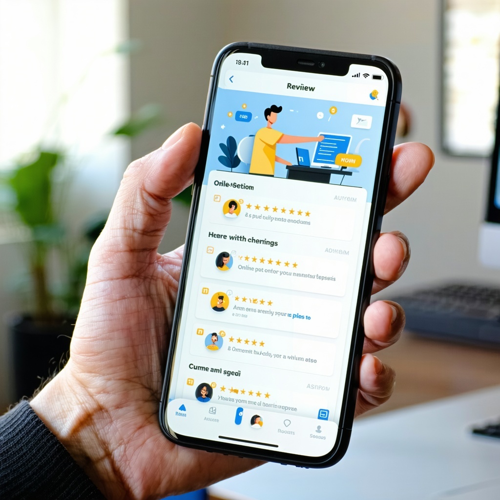 hand holding a smartphone with an online review platform on the screen