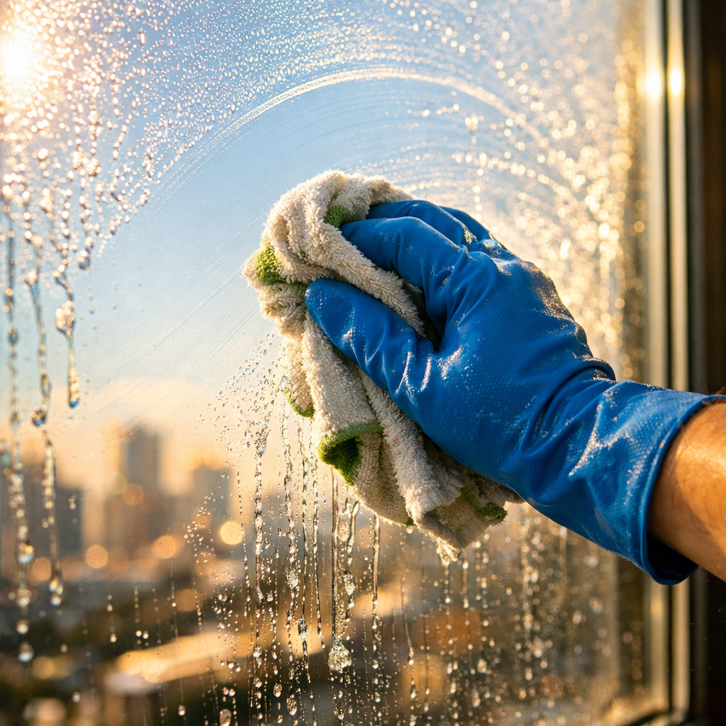 photographic A closeup shot captures the gloved hand of a window cleaning professional as it diligently wipes a large crystalclear window The glisteni