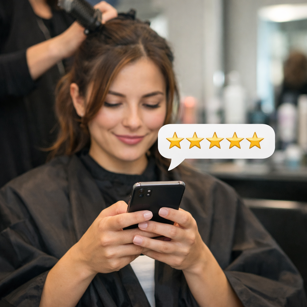 someone at a hair salon on their phone leaving a review It shows up in a text bubble above their phone No text just five stars