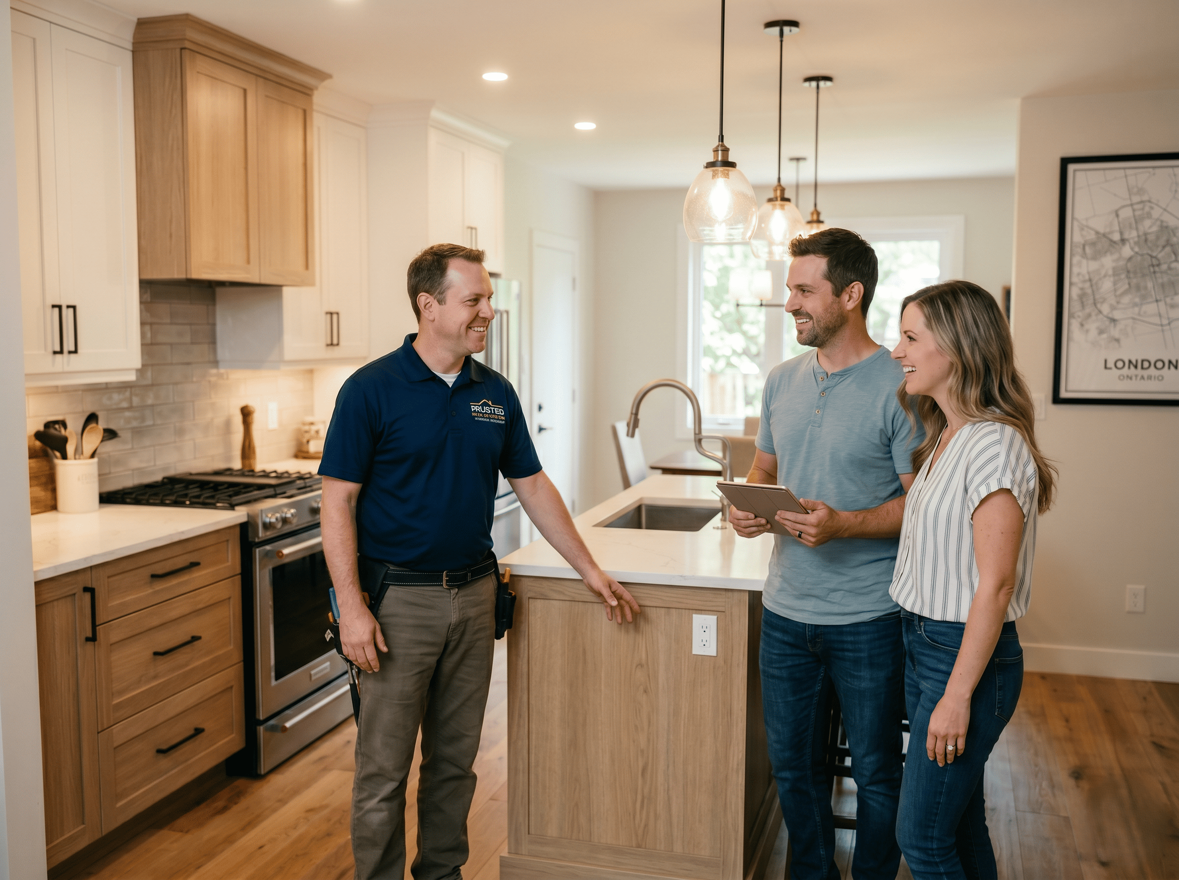 kitchen contractor showing customer new renovations