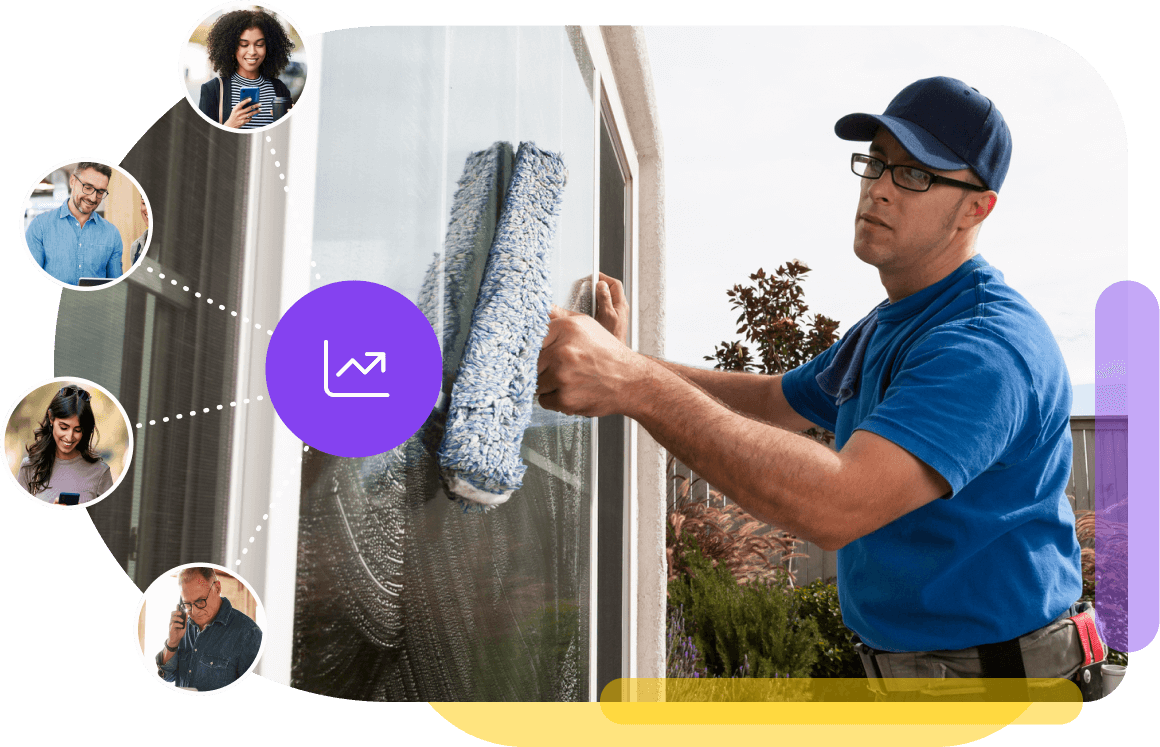A man cleaning windows at a residential home who has increasing customer referrals thanks to NiceJob's reputation marketing software.