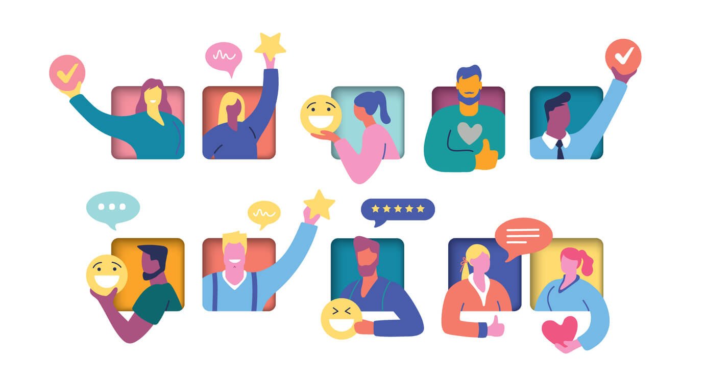 A group of ten individuals sharing five-star ratings, great reviews, and positive sentiment emojis.