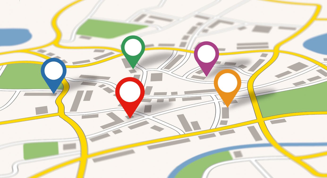 Multi-location marketing feature image that shows a map with five different pin locations.