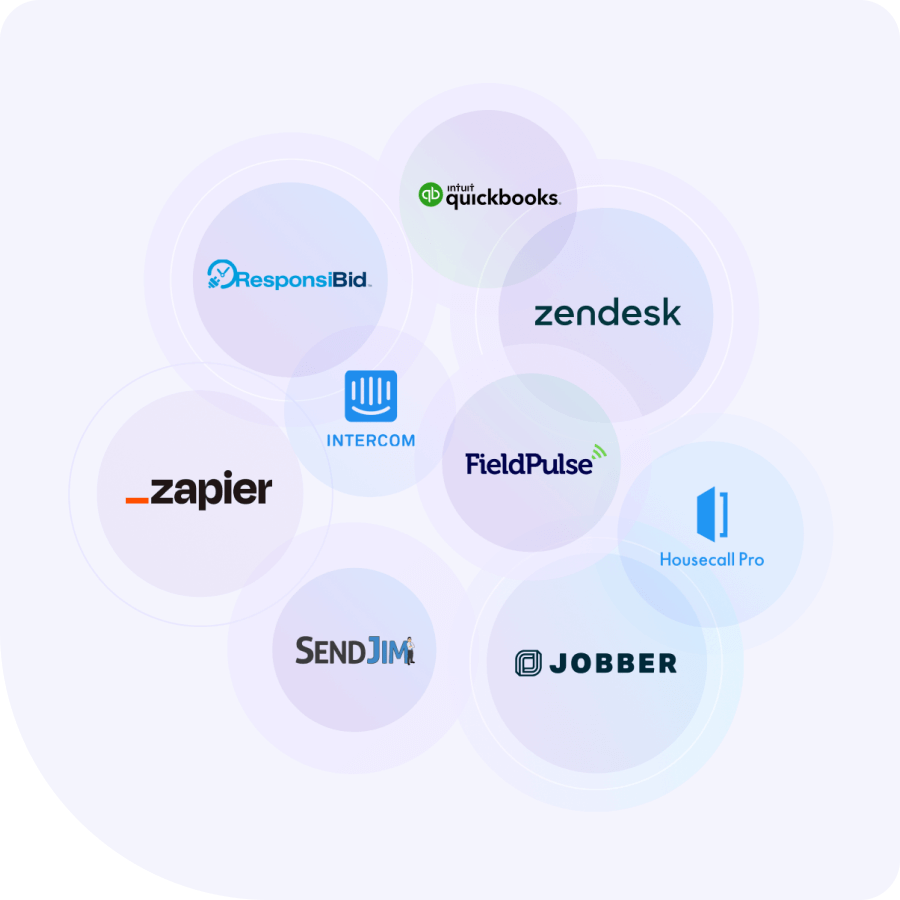 A preview of the integrations in the NiceJob app marketplace including QuickBooks, Jobber, Zapier, Zendesk, FieldPulse, Intercom, and more.