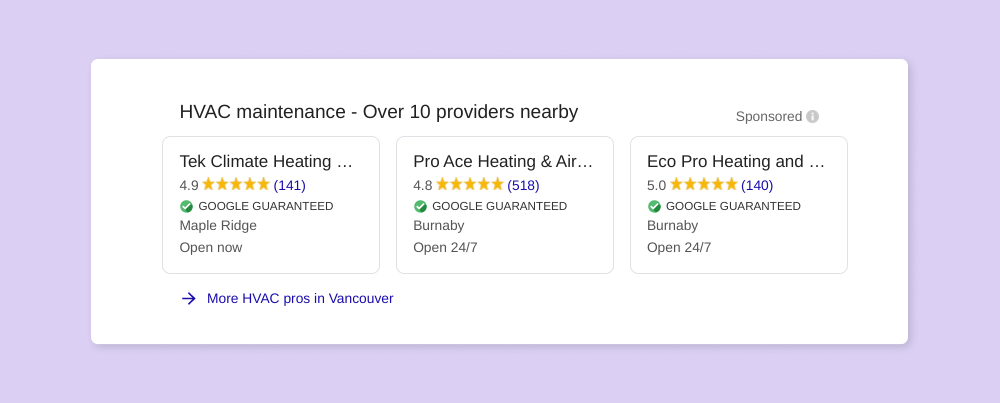 An example of a Local Services Ad from Google with customer ratings from reviews.