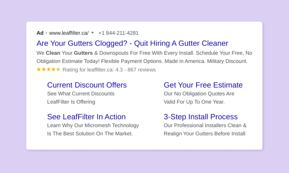 An example of Google seller rating extensions for reputation marketing on a Google Search ad.