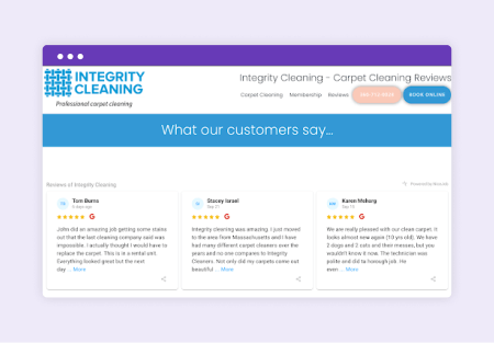 An example of Integrity Cleaning's Reviews page that uses NiceJob's Stories Widget to showcase all of their reviews.