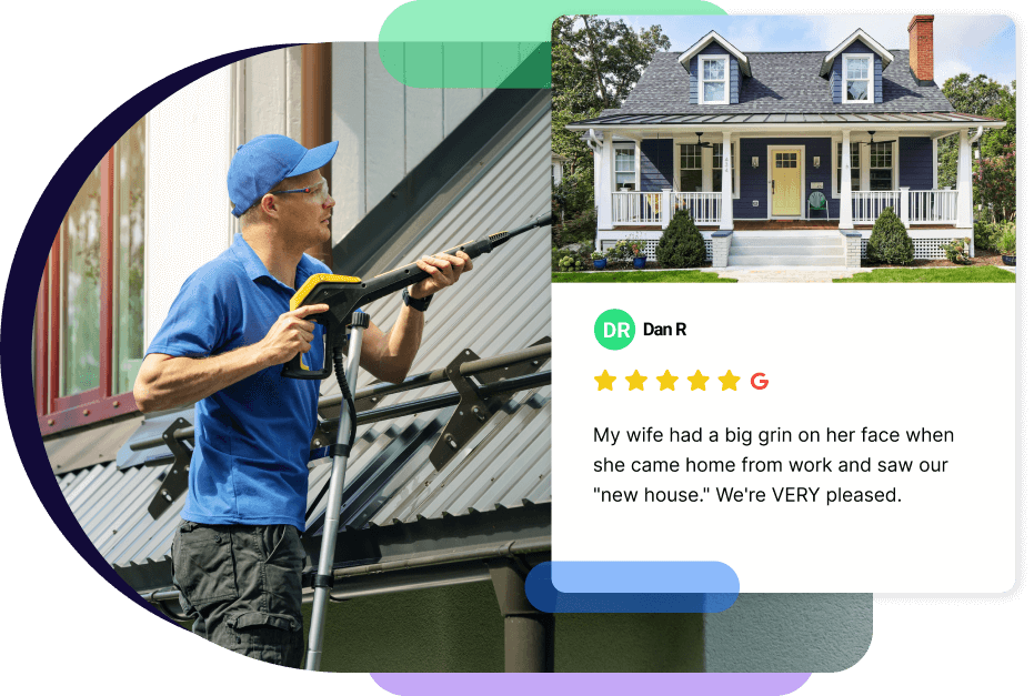 Home service professional pressure washing and house and receiving a five-star Google review for their great work.