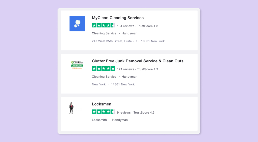 Example listings for local contractors in New York on a listing website with reviews and ratings.