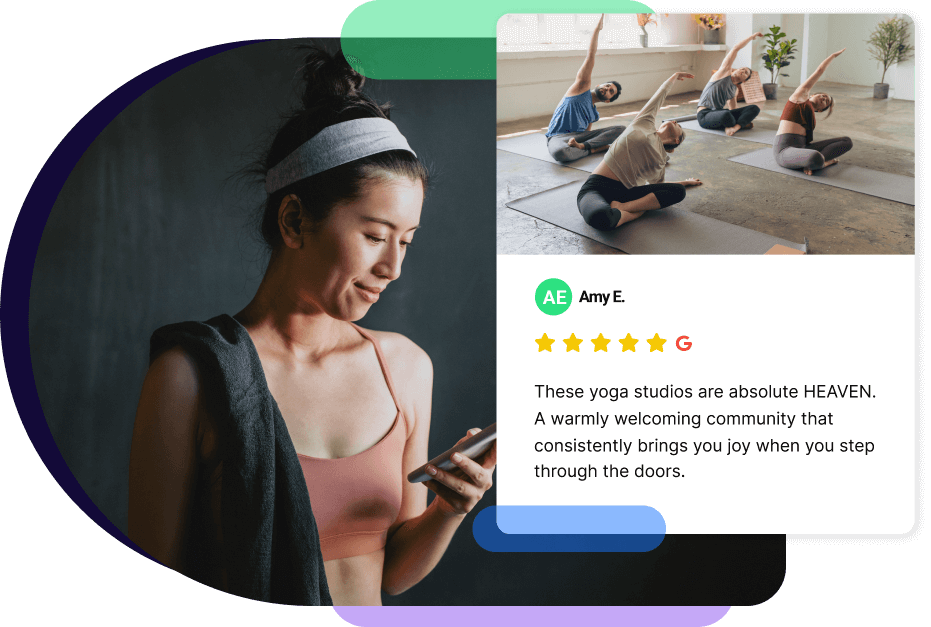 Woman leaving a positive five-star review on Google for her yoga studio.