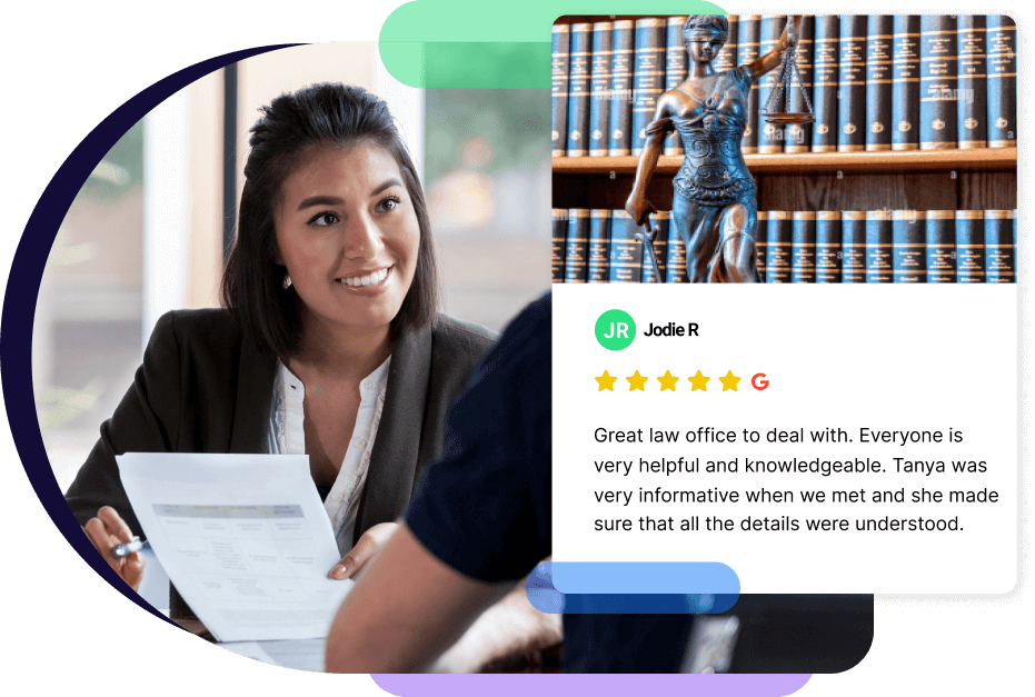 A legal professional reviewing documents with a client and receiving a five-star Google review for their great service.