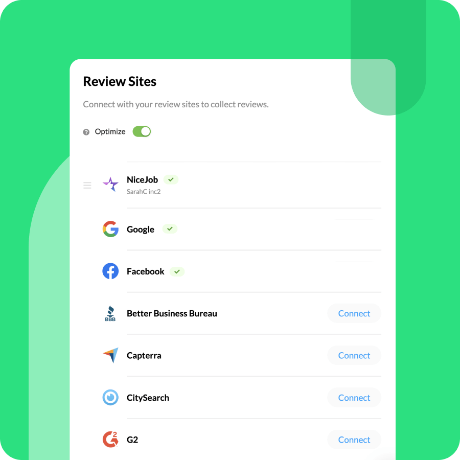 Preview of the NiceJob app where you can connect review sites like NiceJob, Google, Facebook, and more.