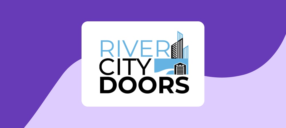 River City Doors logo on a purple background.