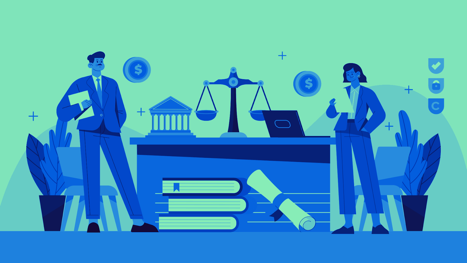 Illustration of two lawyers standing around a desk covered in legal items like a scale, diploma, books, and dollar symbols.